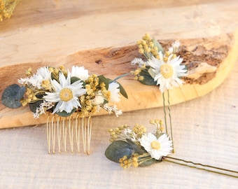 Lot épingles à cheveux ROXANE fleur séchée mariage champêtre, accessoire coiffure d'été petite fleur blanche et jaune thème campagne chic