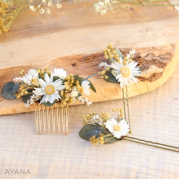 Lot épingles à cheveux ROXANE fleur séchée mariage champêtre, accessoire coiffure d'été petite fleur blanche et jaune thème campagne chic