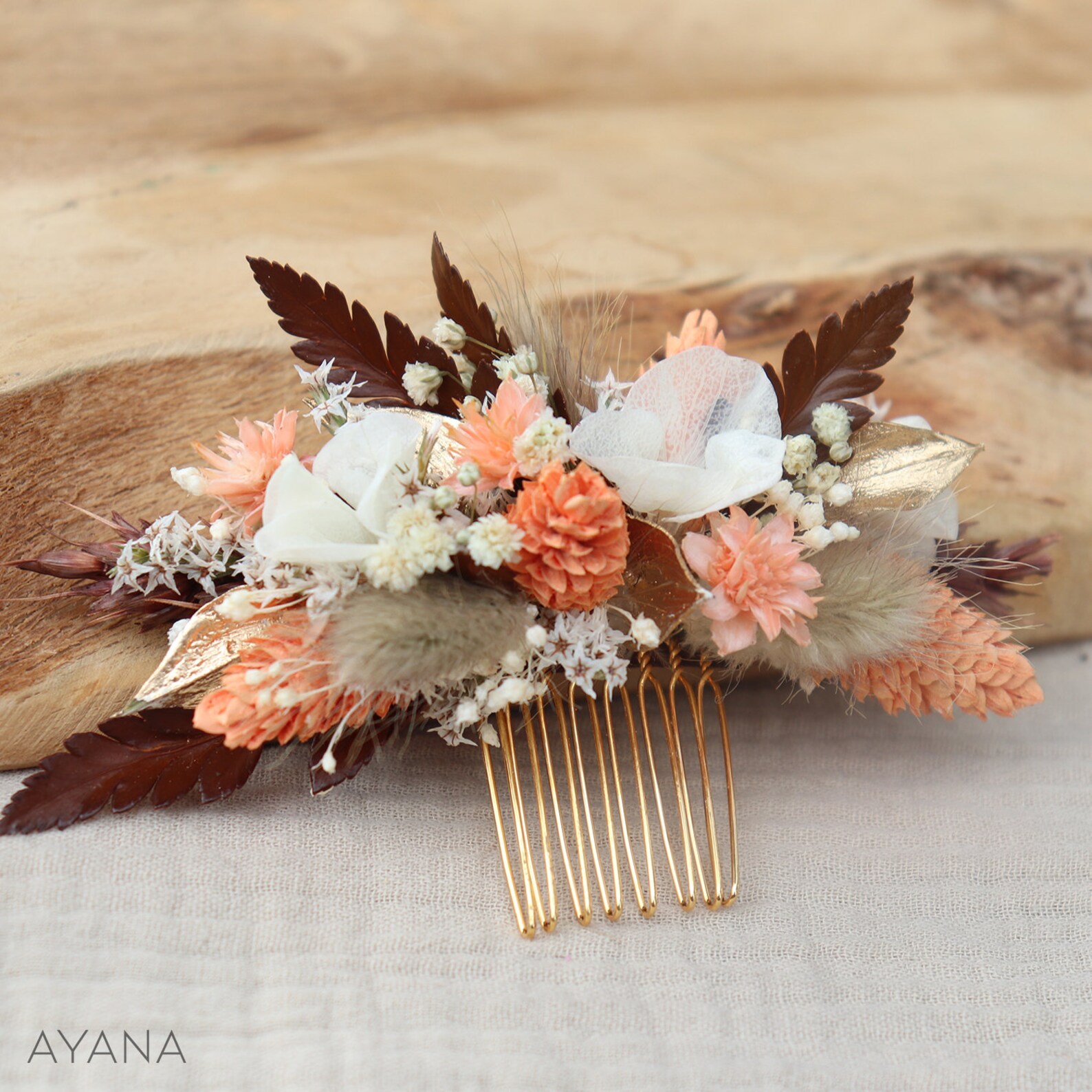 Peigne à Chignon Fleurs Séchées – Coiffure Mariage Bohème – Krin, Multicolore