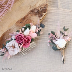 Hair comb ROSY dried and blush pink preserved flower boho wedding hairstyle, hair comb eternal roses blush pink Peigne M+ Bout.