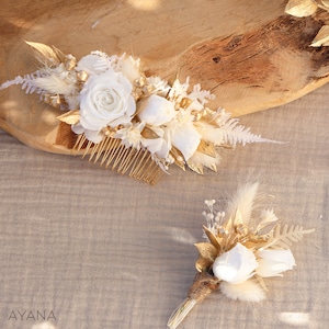 Peigne CHARLINE roses blanches stabilisées coiffure mariage bohème chic, Peigne élégant blanc et doré roses éternelles et fleurs séchées Peigne M+ Bout.