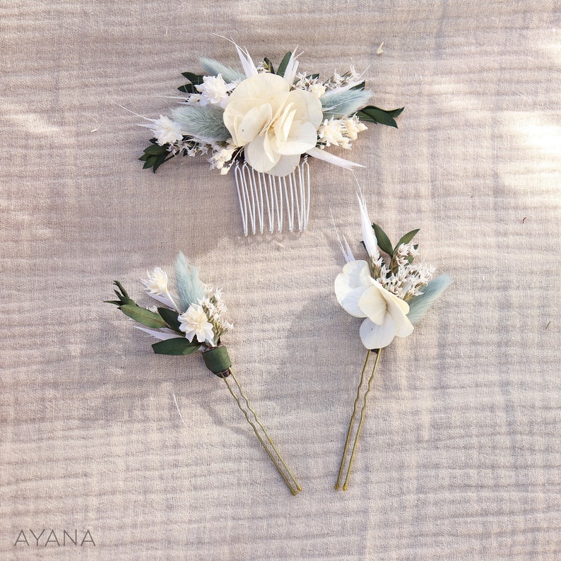 Set of GIULIANNA hairpins in dried and preserved flowers for boho wedding hairstyle in Provence ivory and sage green color image 8