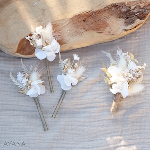 Set of hairpins ISABEL with white and gold dried flower, preserved white hydrangea hair accessory for wedding party, baptism, Christmas 3 pics + bouton.