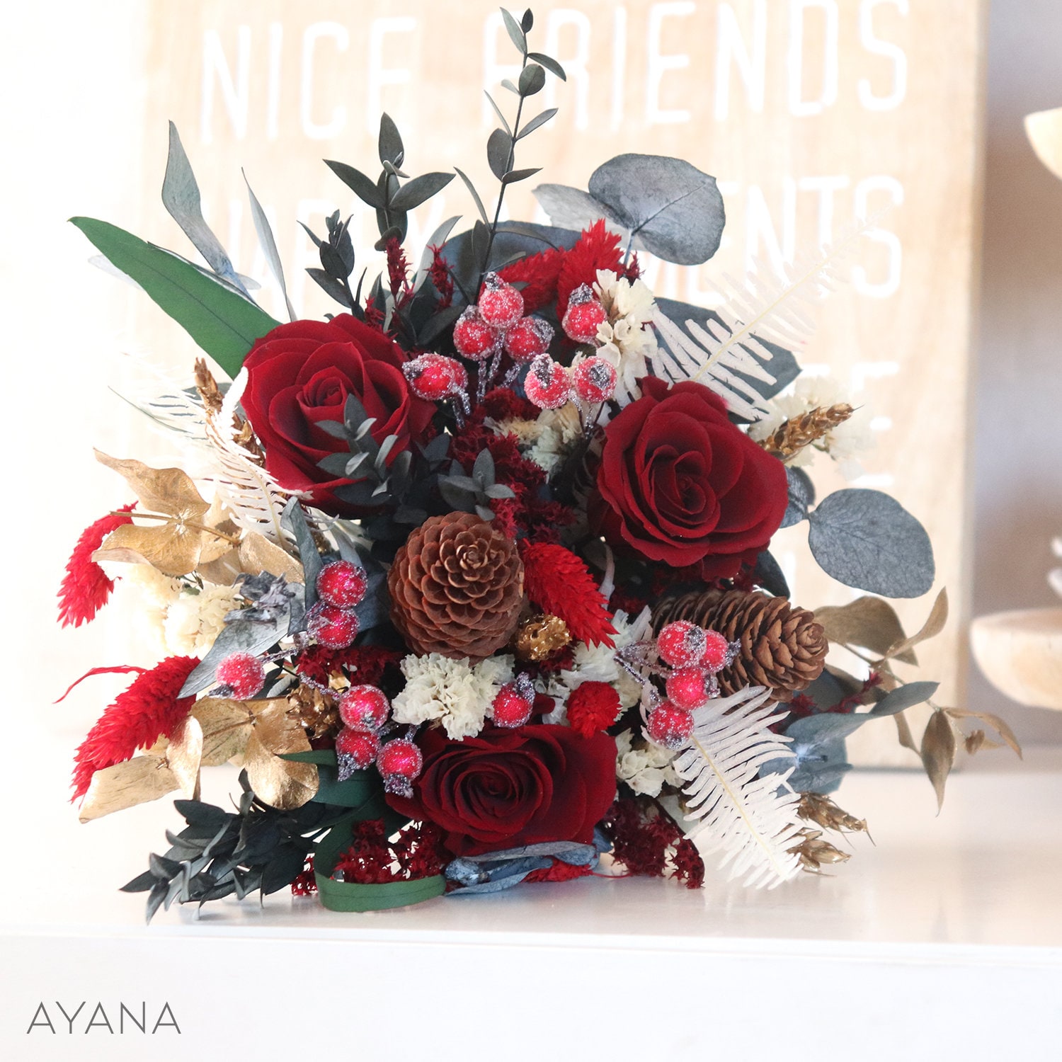 Bouquet FRANCFORT Red Green and Gold - Dried Preserved Flowers Bouquet FRANCFORT Red Green and Gold - Dried Preserved Flowers