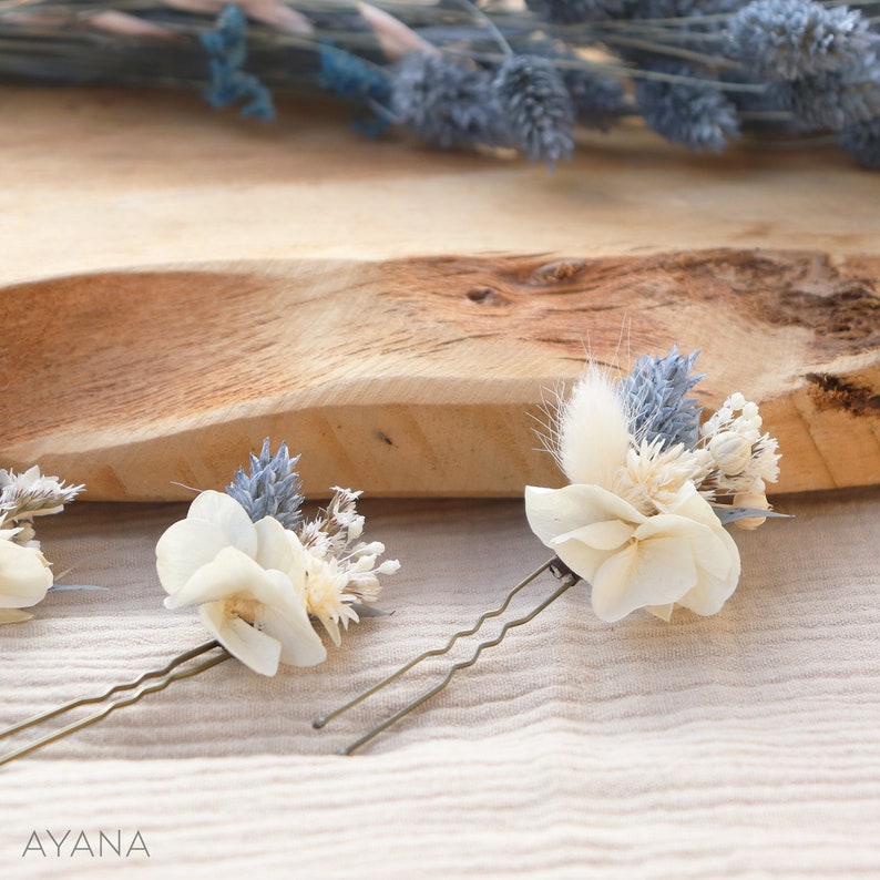 Set of OCEANE hairpins in dried flower for boho wedding hairstyle dusty blue color, ocean blue comb wedding summer seaside image 5