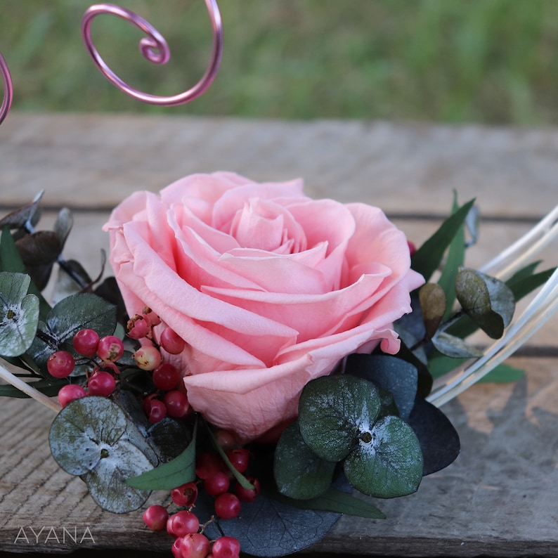 Soporte de anillo de boda arcade MURMURE, soporte de anillo de boda de madera con follaje y rosa estabilizada, soporte de anillo floral para boda campestre imagen 3