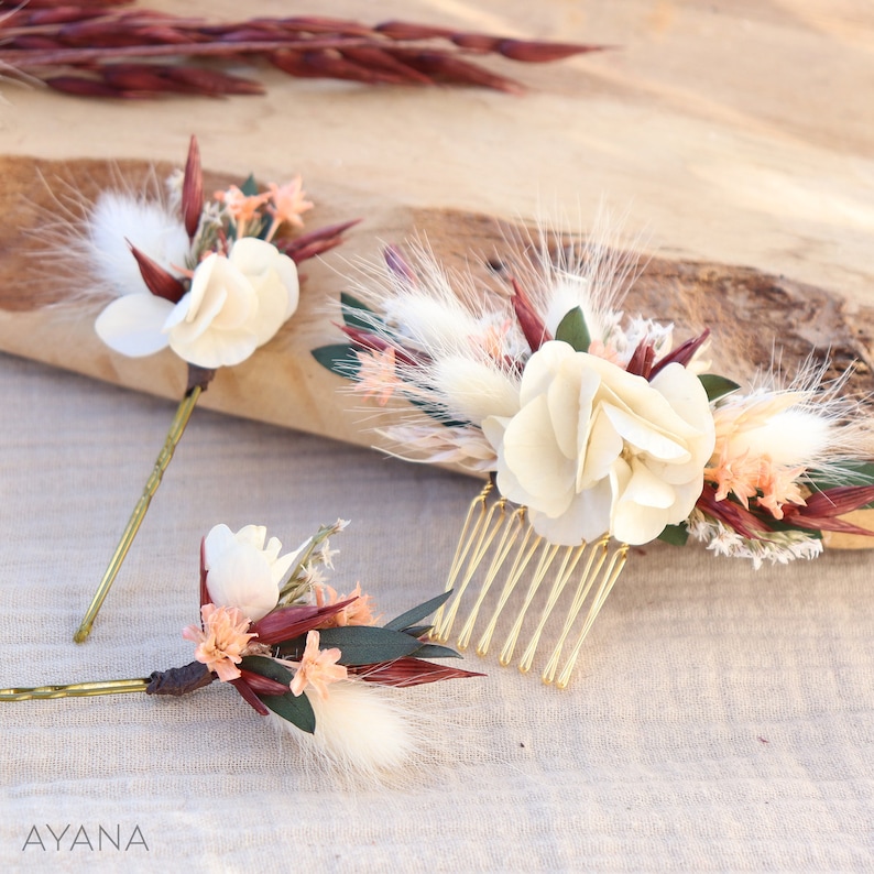 Lot épingles à cheveux ROSITA en fleurs séchées et stabilisées pour coiffure mariage bohème couleur terracotta, peigne coiffure de mariée image 2