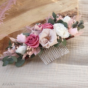 Peigne long ROSY fleurs naturelles séchées et stabilisées rose blush accessoire arrière tête coiffure fleuri mariage bohème chic image 2