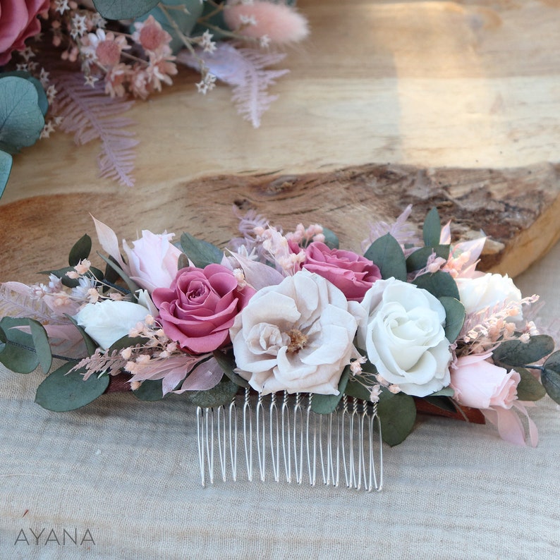 Peigne long ROSY fleurs naturelles séchées et stabilisées rose blush accessoire arrière tête coiffure fleuri mariage bohème chic image 4