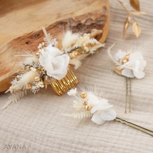 Peigne cheveux ISABEL fleurs séchées et stabilisées blanc et doré mariage bohème, Peigne coiffure mariage campagne fleur naturelle durable image 7