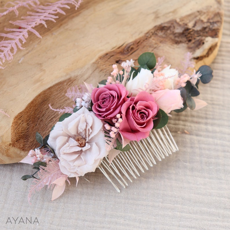 Hair comb ROSY dried and blush pink preserved flower boho wedding hairstyle, hair comb eternal roses blush pink 1 peigne classique M