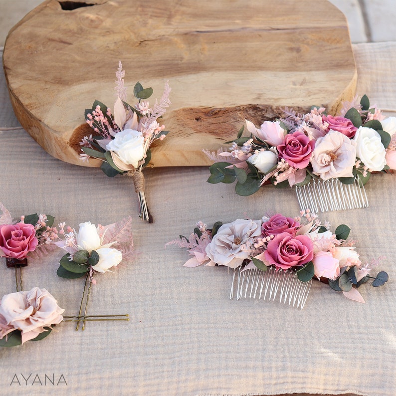 Hair comb ROSY dried and blush pink preserved flower boho wedding hairstyle, hair comb eternal roses blush pink 画像 10