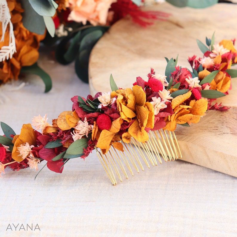 Peignes cheveux VERA fleurs séchées et stabilisées ocre et terracotta mariage bohème, Peigne coiffure mariage d'été fleur naturelle durable image 4