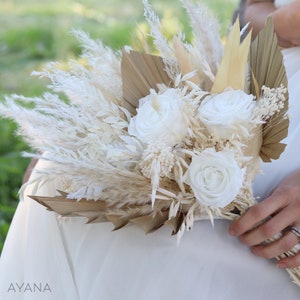 Bouquet de mariée OXFORD en fleurs séchées et stabilisées, bouquet de mariage style bohème avec rose éternelle blanche, pampa et palme image 3