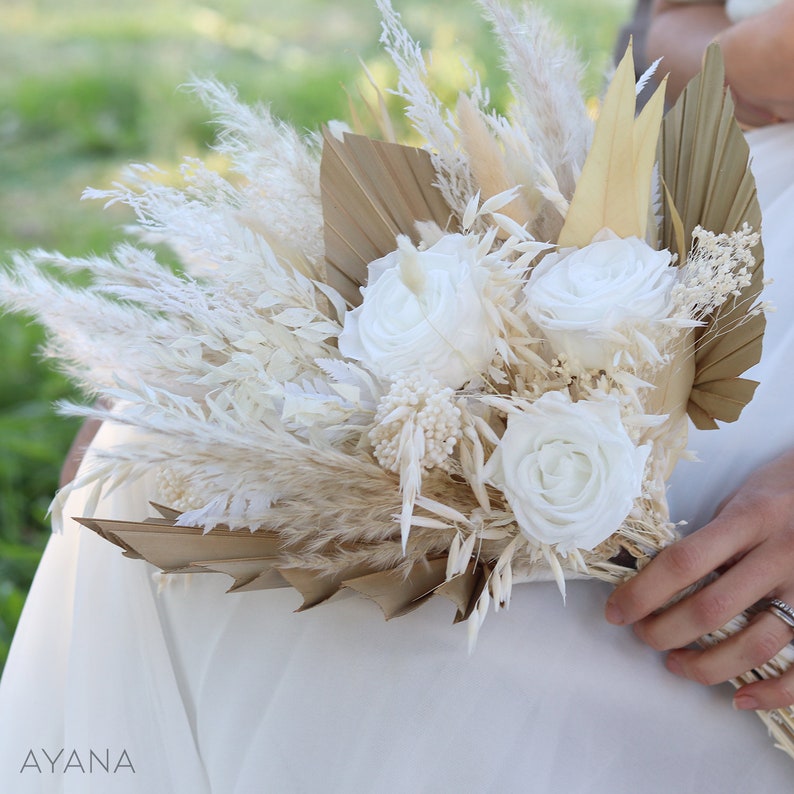 Trendy bridal bouquet OXFORD made of dried and preserved natural flower, boho style wedding bouquet with white eternal rose, pampas and palm image 3