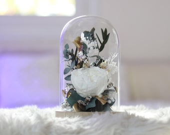 JARDIN IMPERIAL  Preserved natural white peony under glass bell an eco-responsible decoration gift Dried flower composition