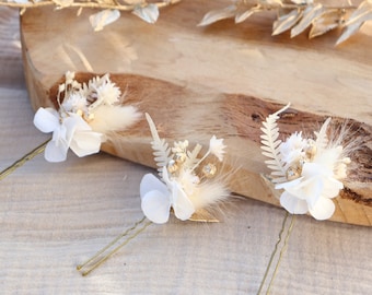 Set of hairpins ISABEL with white and gold dried flower, preserved white hydrangea hair accessory for wedding party, baptism, Christmas