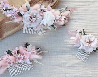 Hair comb ROSA dried and preserved flowers pastel pink color boho wedding, blush pink eternal rose hair comb