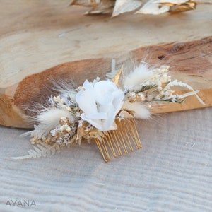 Pettine per capelli ISABEL fiori secchi e conservati matrimonio boho bianco e oro, pettine per acconciatura da sposa country fiore naturale sostenibile immagine 4