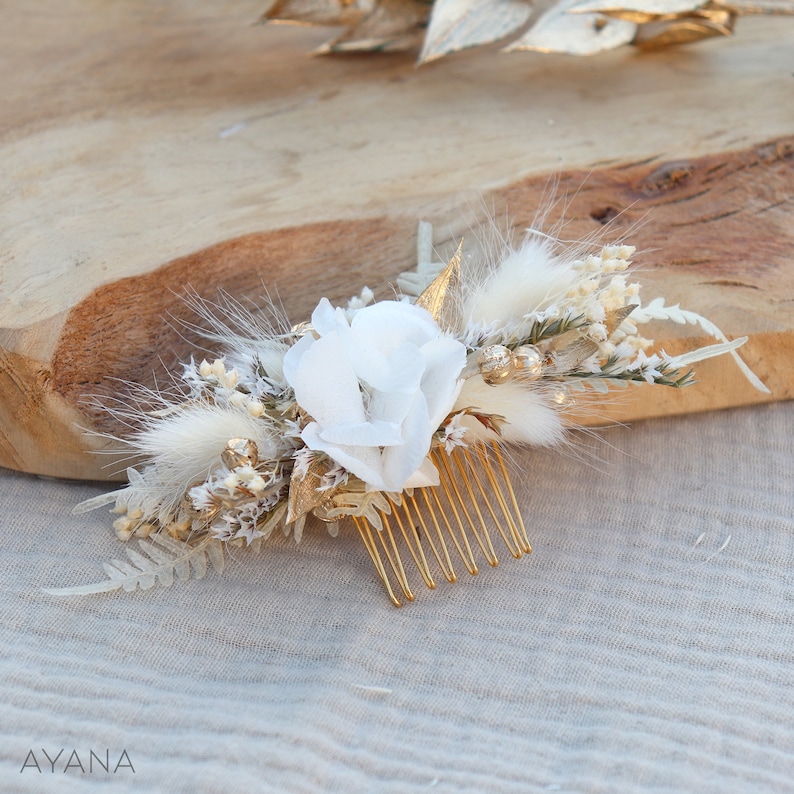 Peigne cheveux ISABEL fleurs séchées et stabilisées blanc et doré mariage bohème, Peigne coiffure mariage campagne fleur naturelle durable image 4