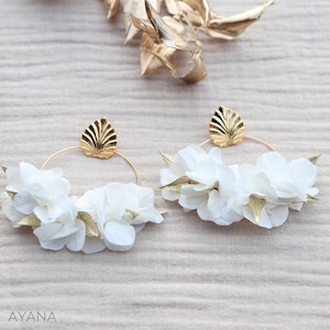 Gold earrings YAËLLE handmade of natural dried and preserved flowers boho chic wedding, white and gold hoops unique Valentine&#39;s day gift,