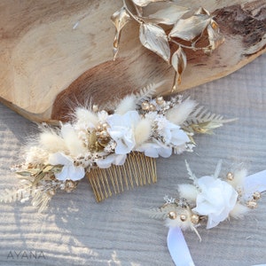 Pettine per capelli ISABEL fiori secchi e conservati matrimonio boho bianco e oro, pettine per acconciatura da sposa country fiore naturale sostenibile immagine 10