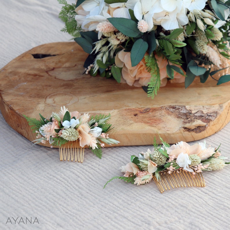 Peigne cheveux COLINE fleur séchée et stabilisée couleur pêche mariage printemps, accessoire coiffure de mariée fleur naturelle durable image 8