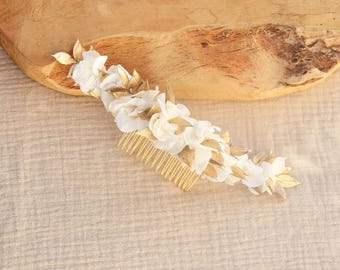 YAELLE dried flower hair comb white flowers gold foliage boho chic wedding hair accessory