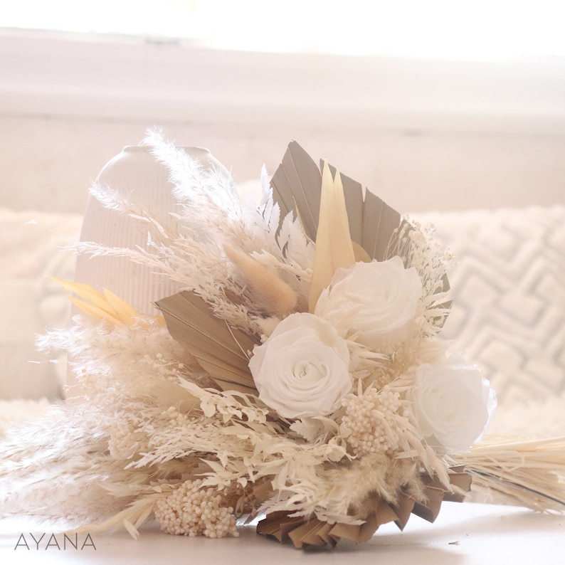 Trendy bridal bouquet OXFORD made of dried and preserved natural flower, boho style wedding bouquet with white eternal rose, pampas and palm image 6