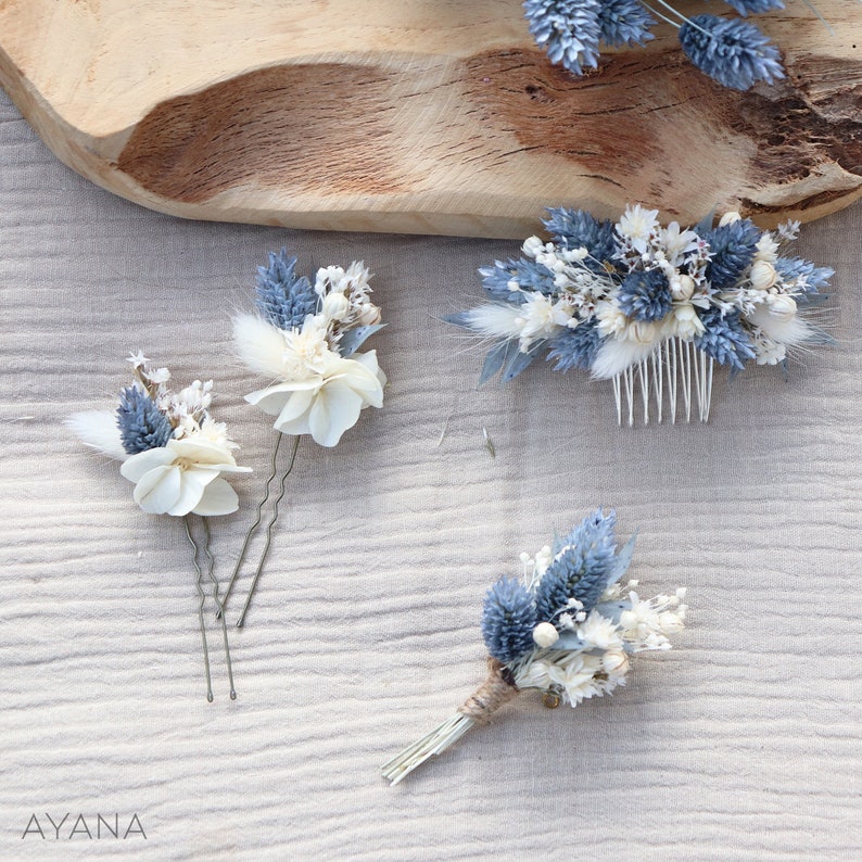 Lot épingles à cheveux OCEANE en fleur séchée pour coiffure mariage bohème couleur dusty blue, peigne bleu océan mariage été bord de mer image 9