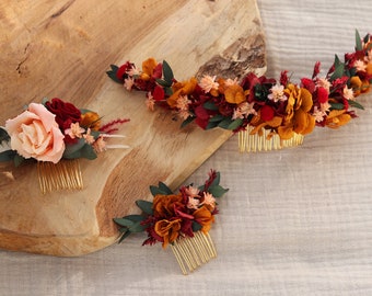 Peignes cheveux VERA fleurs séchées et stabilisées ocre et terracotta mariage bohème, Peigne coiffure mariage d'été fleur naturelle durable