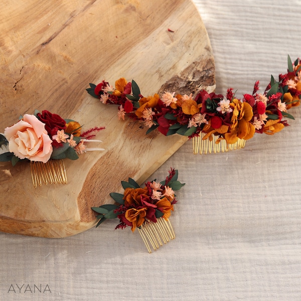 Peignes cheveux VERA fleurs séchées et stabilisées ocre et terracotta mariage bohème, Peigne coiffure mariage d'été fleur naturelle durable