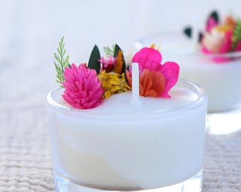 BAHIA Dried Flower Candle – Boho Tropical Wedding Favor, Handmade Floral Candle with Fuchsia Orange Flowers, Guest Gift