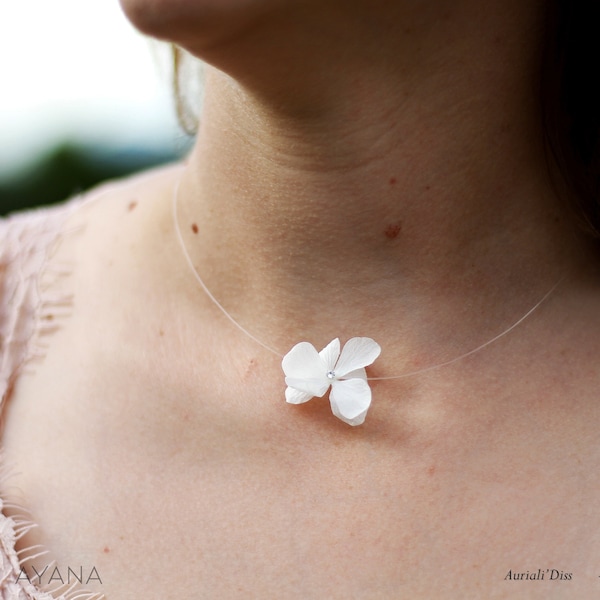 Collier ras de cou LOLA bijou en argent minimaliste fleur stabilisée, collier gold filled hortensia stabilisé parure de mariée