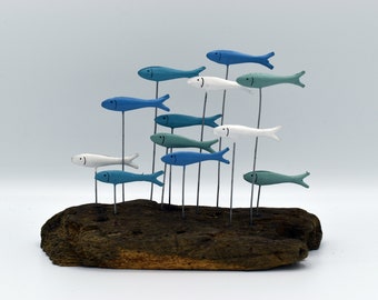 Small Blue School of Fish on Driftwood base