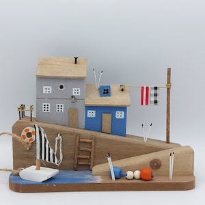 Seaside Driftwood Look House Scene With Boat