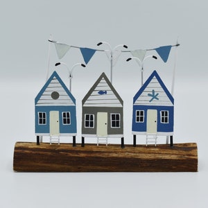 Small 3 Beach Hut Scene on a driftwood log