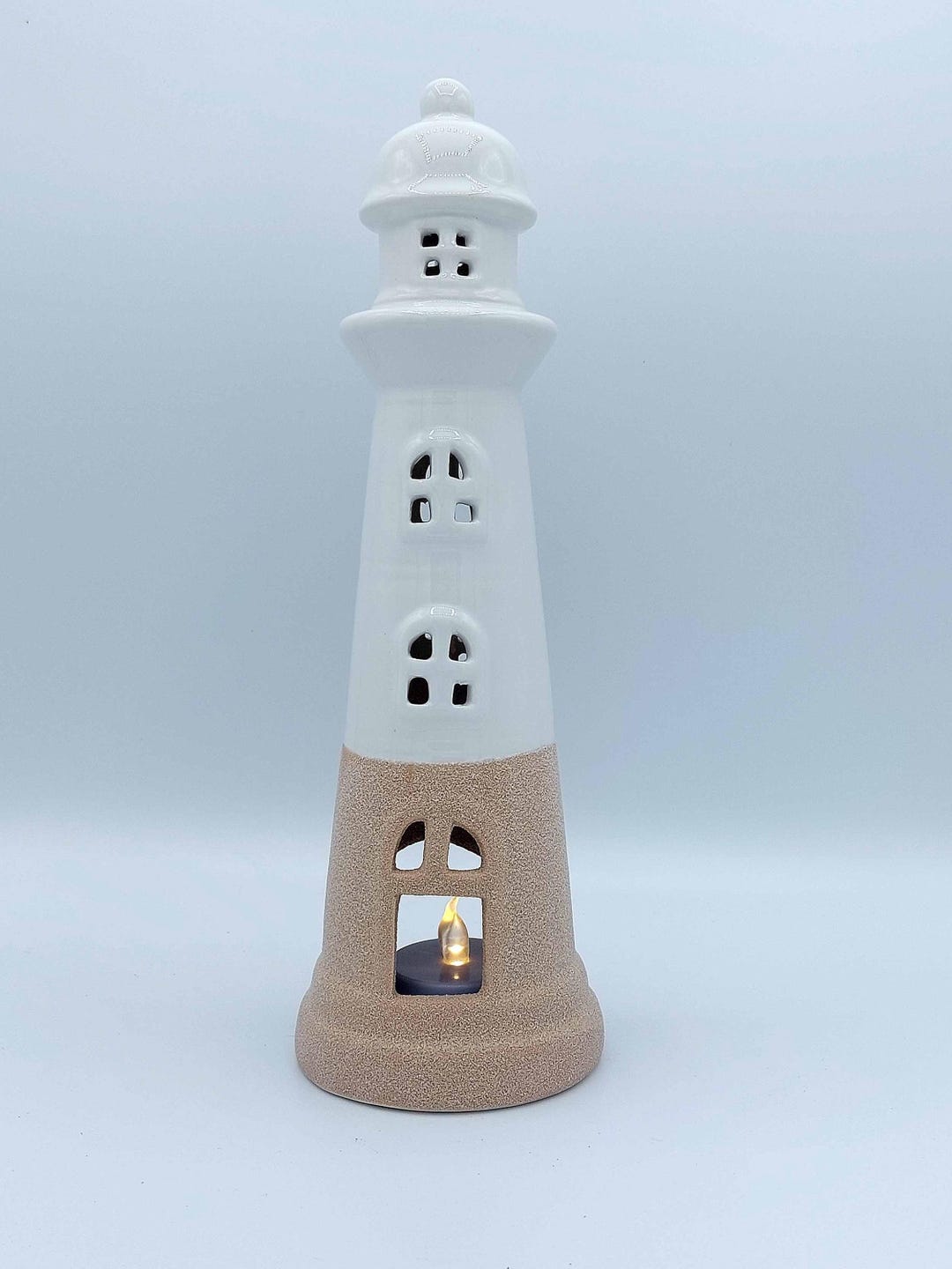 White & Sand Ceramic Lighthouse Tealight - Etsy