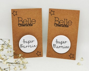 Badge parrain marraine souvenir ou marque place pour baptême super parrain super marraine