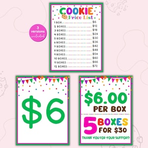 Peut inclure: Trois panneaux colorés affichant les prix des cookies. Un panneau affiche une liste de prix détaillée, tandis que les deux autres indiquent des prix de 6 € et 6,00 € par boîte, avec une offre pour 5 boîtes à 30 €.