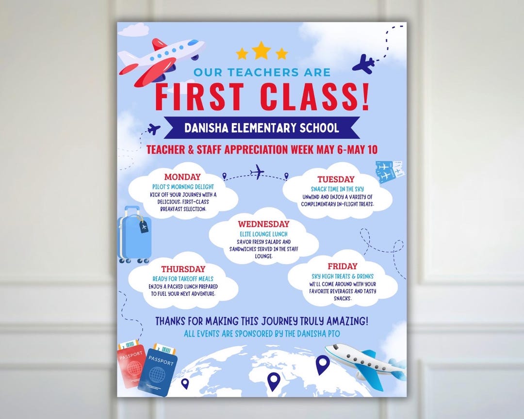 Travel Theme Teacher Appreciation Week Itinerary Flyer, Plane Awesome ...