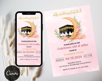 May include: A pink Eid al-Adha invitation with a crescent moon, Kaaba illustration, and floral accents. The invitation includes the text "Please join us for Celebrate Eid al adha" and event details.