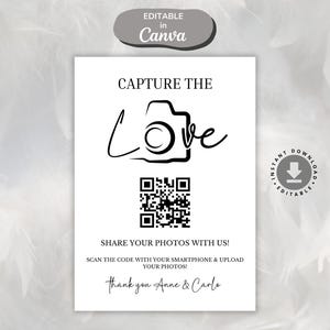 Letrero con código QR Capture the Love, letrero para compartir fotos de bodas, tarjeta Capture the Love, letrero con código QR Share the Love, letrero con fotos de bodas personalizado