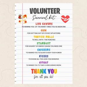 EDITABLE Volunteer&#39;s Survival Kit Printable, Back to School Gift, Pta Pto, School Church Staff Appreciation Day Thank You Gift Idea TEMPLATE