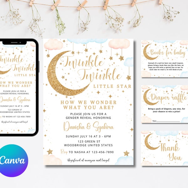 Twinkle Twinkle Little Star Gender Reveal Invitation Template, Pink and Blue Moon Stars Clouds Invitation, He Or She, Boy Or Girl Invite
