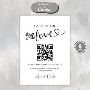 Tarjeta de boda con código QR Capture The Love, tarjeta fotográfica de boda minimalista moderna, tarjeta Capture the Love, tarjeta para compartir el amor imprimible, tarjetas editables