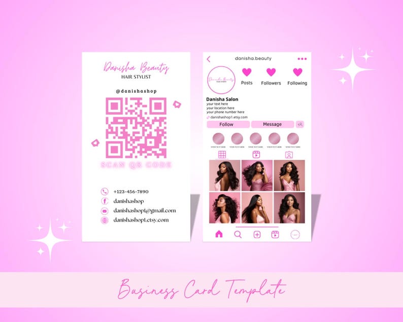 May include: A pink business card template with the text "Danisha Beauty HAIR STYLIST" and social media handles. The card includes a QR code and contact information. An Instagram mockup shows a salon profile with photos.