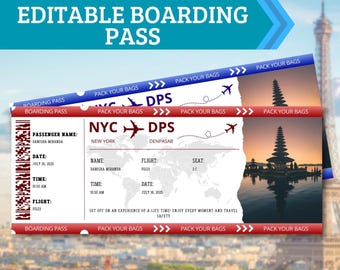Tarjeta de embarque imprimible, boleto de avión, regalo sorpresa, regalo sorpresa de vacaciones, tarjeta de embarque editable, regalo de recuerdo de viaje, boleto de viaje