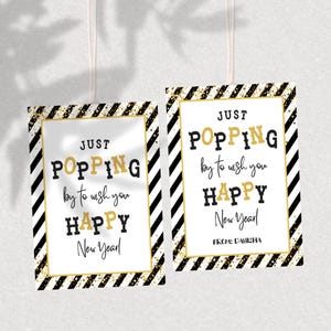 Happy New Year Gift Tag Printable, Popping by to Wish You Happy New Year Tags, Sparkling New Year Black and Gold Tag, 2025 NYE Gift Tags