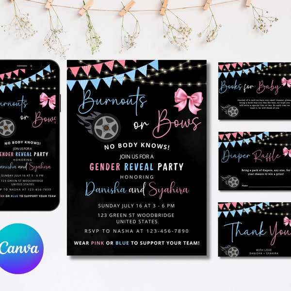 Editable Burnouts or Bows Gender Reveal Invitation, Girl or Boy Invitation, Coed Couples Shower, Cars Wheels Trucks.Gender Reveal Shower BB1